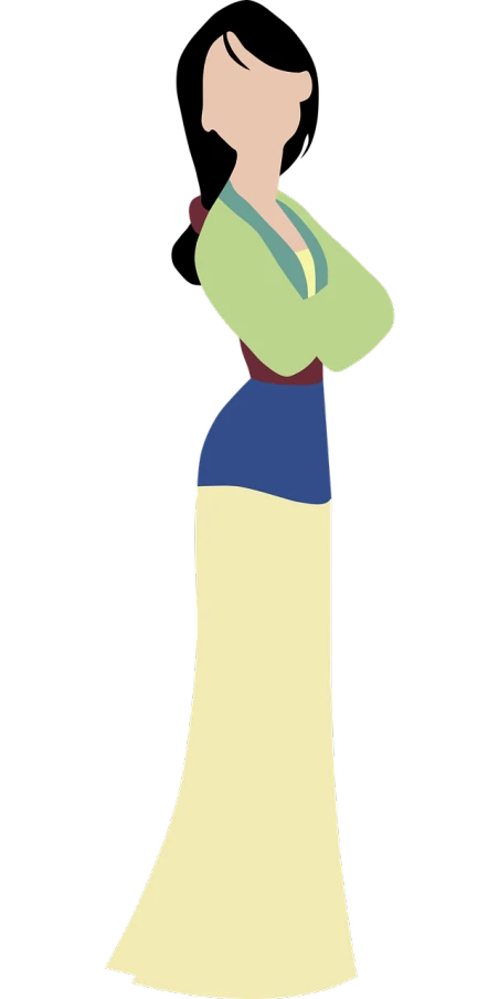 a woman in a blue and yellow dress, inspired by Sakai Hōitsu, polycount, art nouveau, very tall and slender, folded arms, viridescent at shoulder height, stylized silhouette