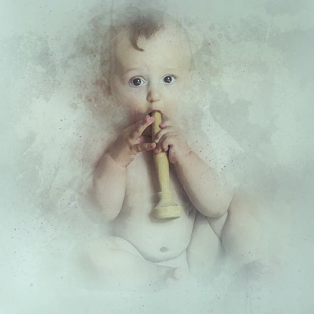 a baby with a wooden toy in its mouth, a colorized photo, inspired by Anne Geddes, art photography, aquarelle painting, saxophone, gentle smoke effect, inspired in balthus