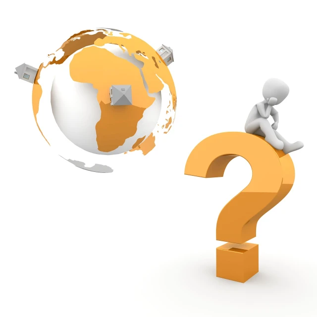a person sitting on top of a question mark next to a globe, a picture, electronics, 3 d image, order, background is white