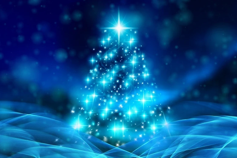 a blue christmas tree sitting on top of a snow covered ground, digital art, shutterstock, stars glittering in background, beautiful fractal ice background, glowing background lighting, stock photo