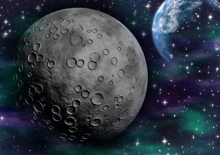 a close up of a moon with a planet in the background, a digital rendering, inspired by John Moonan, shutterstock, space art, high detail illustration, stock photo