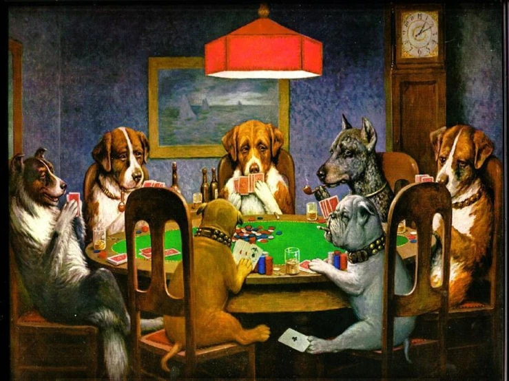 a painting of a group of dogs playing poker, an illustration of, by Cassius Marcellus Coolidge, shutterstock, renaissance, chris van allsburg, 1 9 1 0, gregory manchess ”, screengrab