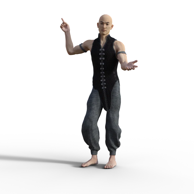 a man standing in front of a black background, a low poly render, inspired by Dai Jin, polycount, serpentine pose gesture, hairless, karate outfit, realistic fantasy render