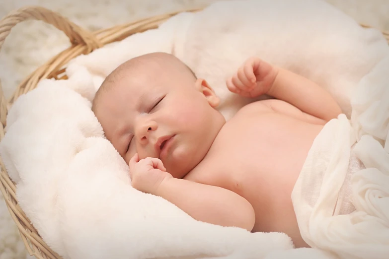 a close up of a baby sleeping in a basket, symbolism, istockphoto, music video, organics, smooth in _ the background