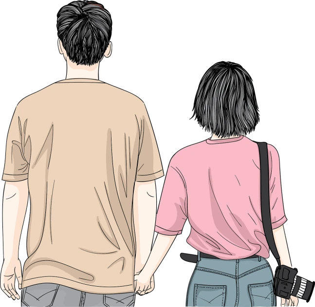 a man and a woman walking hand in hand, an illustration of, serial art, hyperrealistic teen, the background is black, korean artist, whole page illustration