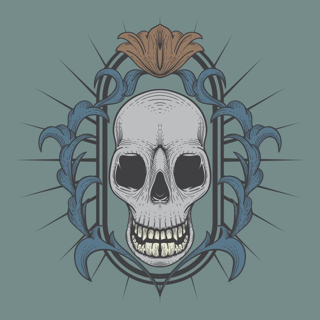 a skull with a flower in its mouth, vector art, art nouveau, ornate border frame, with a blue background, on a gray background, full color illustration