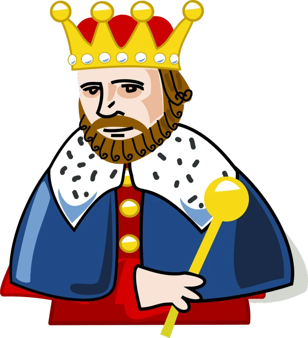 a cartoon king with a golden crown on his head, by Thomas Tudor, digital art, high contrast illustration, holding a scepter, full color illustration