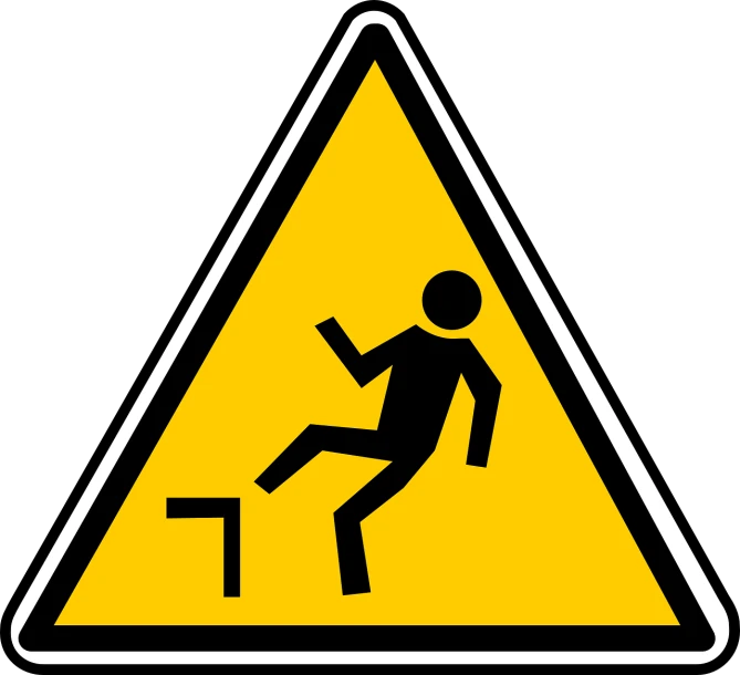 a yellow triangle with a picture of a man falling down, by Harry Beckhoff, pixabay, figuration libre, warning, deck, (sfw) safe for work, trampled