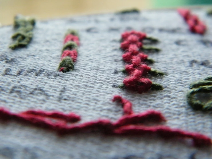 a close up of a piece of embroidery, a cross stitch, inspired by Toss Woollaston, flickr, folk art, wine-red and grey trim, green and pink fabric, very shallow depth of field, taken with a pentax1000