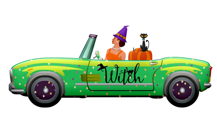 a woman in a green car with a black cat, inspired by Tex Avery, pixabay, conceptual art, magic parade float, mrs doubtfire as a witch, on black background, 2 d cg