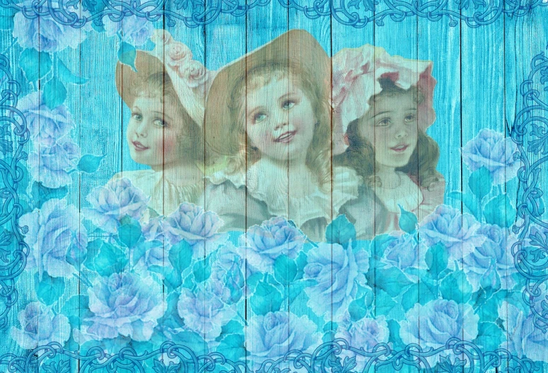 a painting of three little girls surrounded by blue flowers, digital art, trending on pixabay, rococo, wooden background, translucent roses ornate, cyan photographic backdrop, vintage - w 1 0 2 4