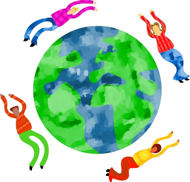 a group of people are flying around the earth, an illustration of, naive art, lying down, wikihow illustration, full body view, full color illustration