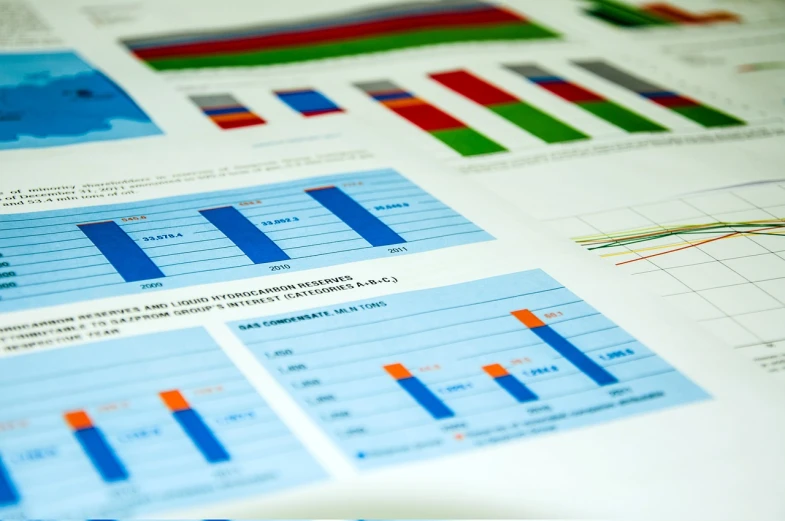 a close up of a sheet of paper with graphs, by Alison Watt, pexels, bar charts, full color still, showcase, asset sheet