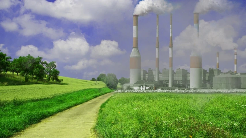 a picture of a factory with smoke coming out of it, a matte painting, by Susan Heidi, cg society contest winner, environmental art, green fields, chimney, walking to work, green energy