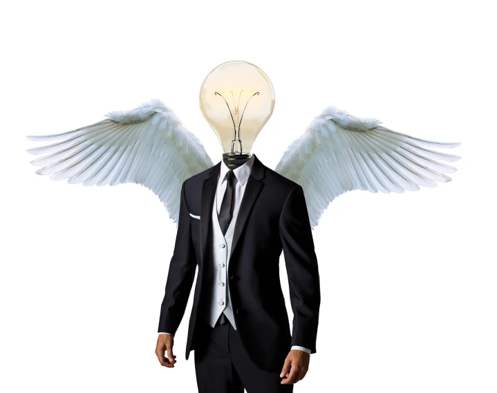 a man in a suit with wings on his head, concept art, trending on pixabay, neo-dada, light bulb, white bg, biblical accurate angel, in style of mike savad”