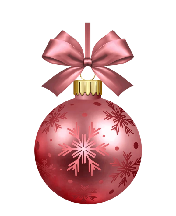 a red christmas ornament with a bow and snowflakes, a digital rendering, pink color scheme, on a black background, clipart, smooth pink skin