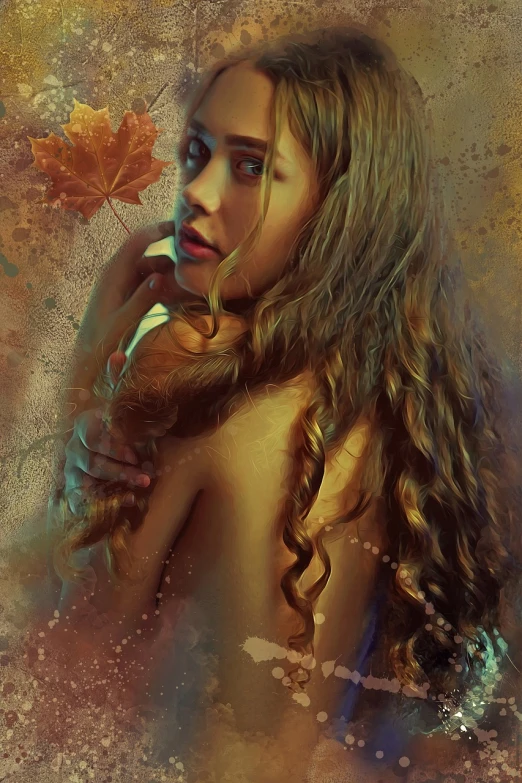 a painting of a woman holding a teddy bear, inspired by Karol Bak, digital art, leaf hair, autum, lowres, snapshot