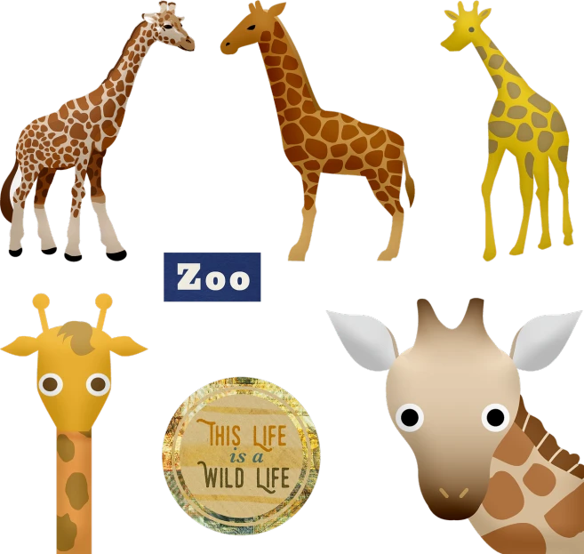 a group of giraffes standing next to each other, a cartoon, by Leo Goetz, pixabay, on black background, new york zoo in the background, pins, a wooden