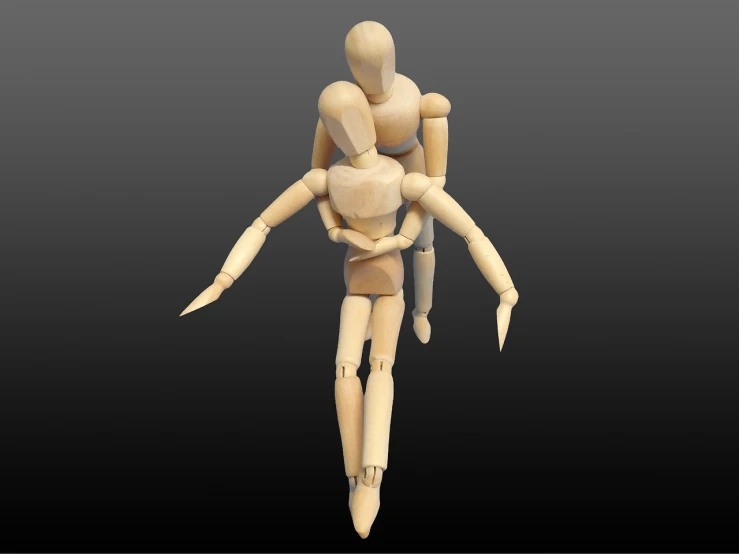 a couple of wooden mannequins standing next to each other, a raytraced image, inspired by Oskar Schlemmer, featured on zbrush central, hugging each other, random positions floating, man and woman walking together, animation still