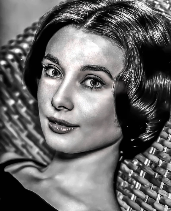 a black and white photo of a woman, inspired by Yousuf Karsh, trending on pixabay, digital art, korean audrey hepburn automata, closeup painted portrait, colorized background, realistic shaded perfect face