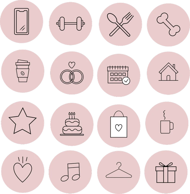 a set of thin line icons on a black background, trending on pixabay, minimalism, with soft pink colors, lifestyle, round background, celebration