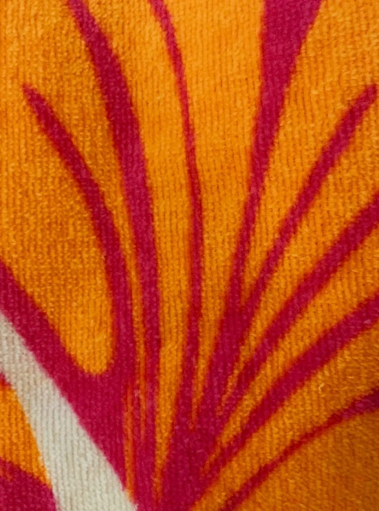 a close up of a towel with a design on it, a macro photograph, inspired by Rodney Joseph Burn, pink and orange, palm pattern visible, orange ray, velvet