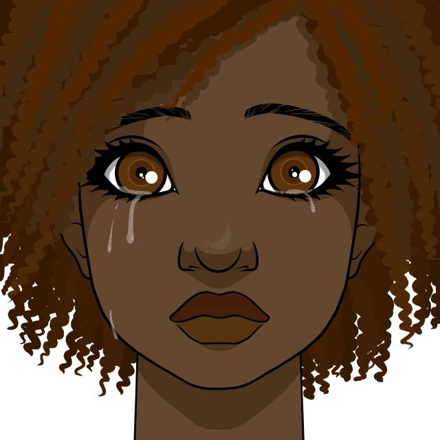 a woman with a sad look on her face, a digital rendering, inspired by Nyuju Stumpy Brown, light skinned african young girl, tears dripping from the eyes, with a black background, maiden with copper hair