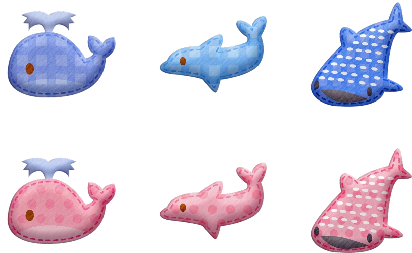 a group of stuffed animals sitting next to each other, a digital rendering, by Hiromitsu Takahashi, mingei, dolphin swimming, psd spritesheet, blue black pink, inflatable