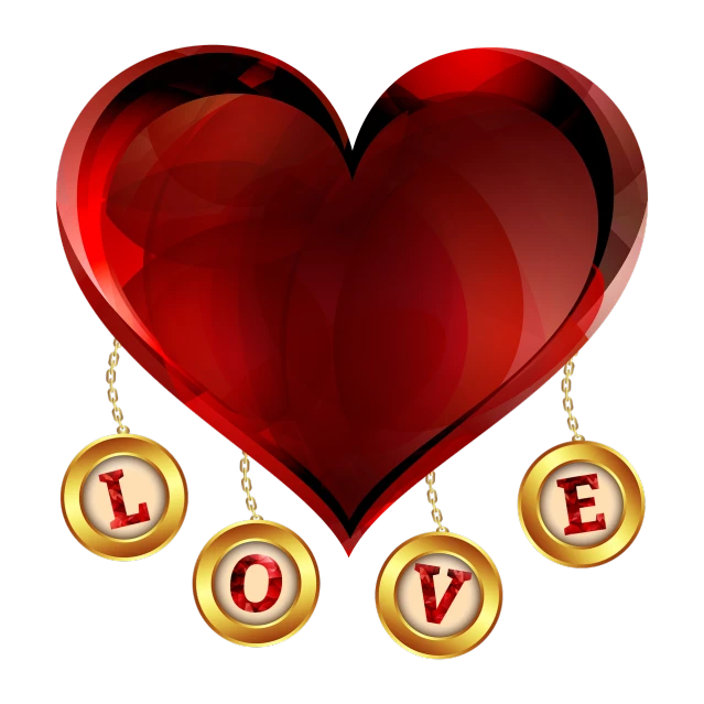 a red heart with the word love hanging from it, a digital rendering, romanticism, gold jewerly, coin, vinyl, love theme