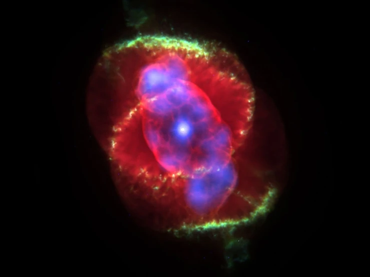 the cat's eye nebula in infrared light, flickr, blue and red glowing lights, purple glowing core in armor, habl telescope, gina heyer