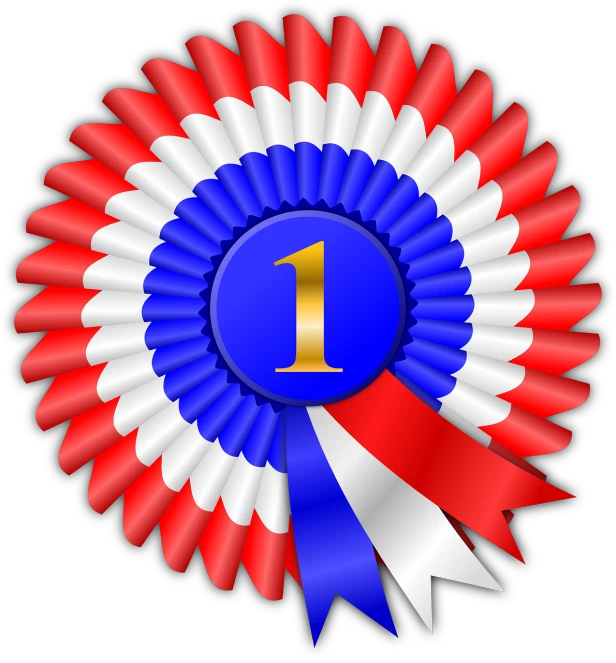 a red, white and blue rosette with the number one on it, pixabay contest winner, computer art, !!! very coherent!!! vector art, white ribbon, award-winning”