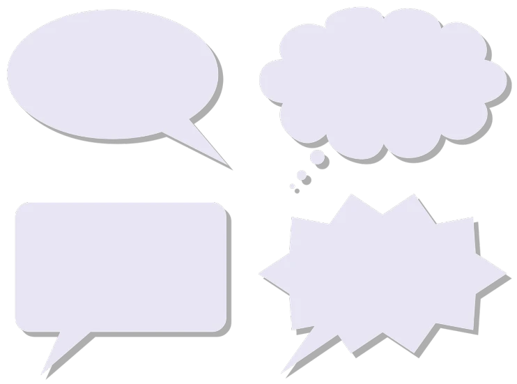 a group of speech bubbles on a black background, a comic book panel, by Matt Cavotta, computer art, grey, four, realistic shapes, high res