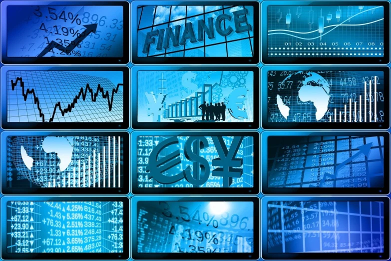 a collage of business images on a blue background, digital art, by Julian Allen, trending on pixabay, digital art, tv screens, wall street, currency symbols printed, panels