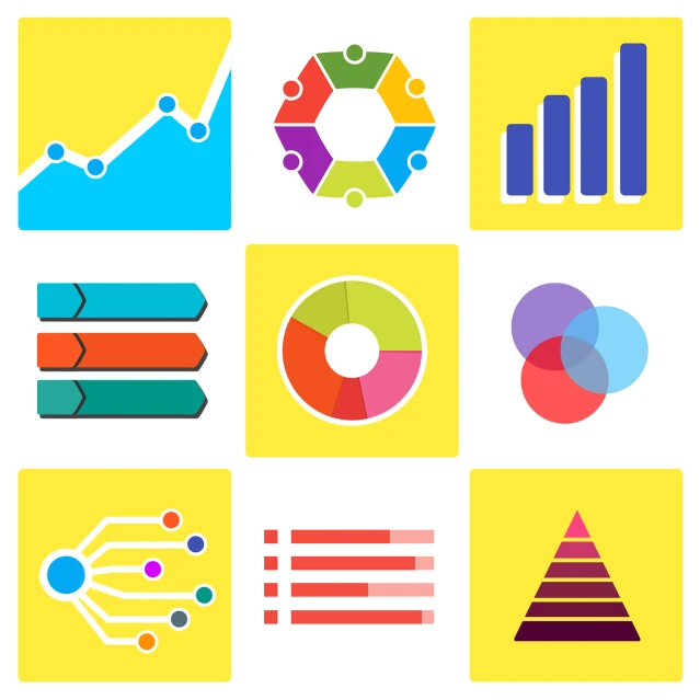 a bunch of different colored icons on a white background, a diagram, by Matt Cavotta, trending on shutterstock, analytical art, power bi dashboard, bright yellow color scheme, 8 0 - s, grid montage of shapes