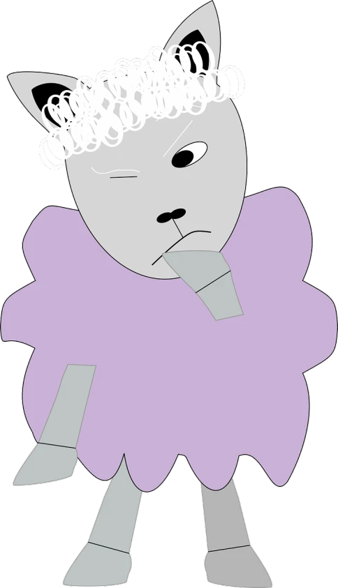 a cartoon cat dressed in a purple dress, a pastel, inspired by Michael Deforge, pixabay contest winner, mingei, woman in a sheep costume, gray anthropomorphic, !!! very coherent!!! vector art, in pain