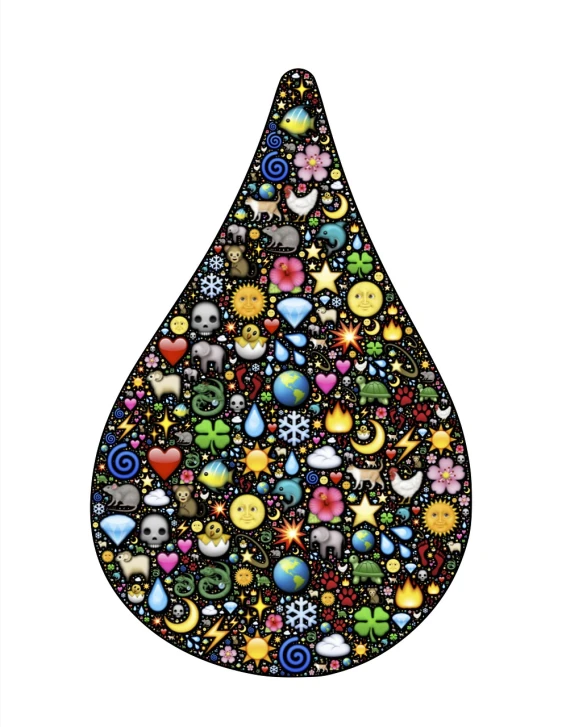 a drop of water filled with lots of different things, a mosaic, inspired by Takashi Murakami, weeping tears of black oil, kundalini energy, the world tree, holy glow