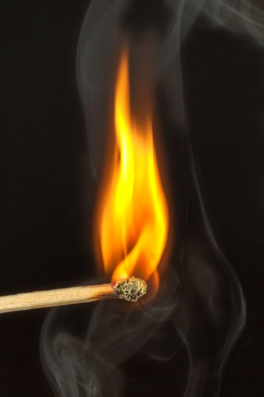 a close up of a burning matchstick on a black background, discovered photo