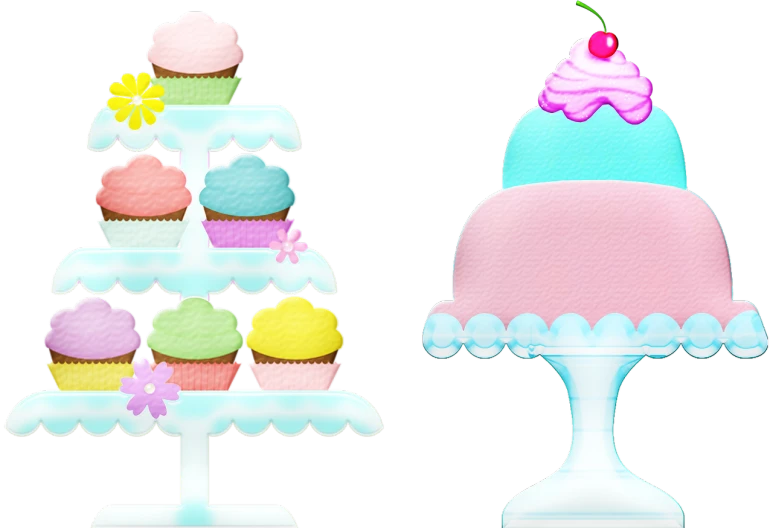 a couple of cupcakes sitting on top of a cake stand, a pastel, pop art, psd spritesheet, imvu, thumbnail, stacked image