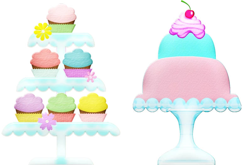 a couple of cupcakes sitting on top of a cake stand, a pastel, pop art, psd spritesheet, imvu, thumbnail, stacked image