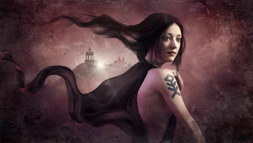 a woman with a tattoo standing in front of a castle, inspired by Tom Bagshaw, deviantart contest winner, covered in runes, in a mixed style of æon flux, the greek goddess aphrotite, photomanipulation