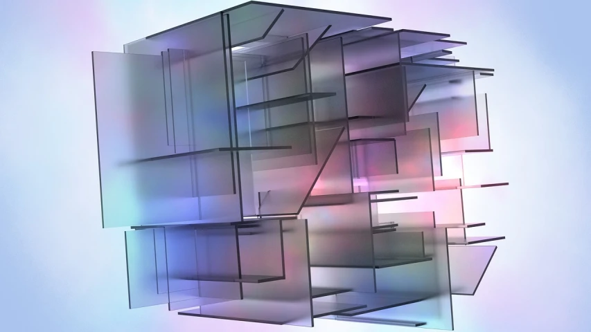 a close up of a glass structure on a blue background, a computer rendering, inspired by Richard Anuszkiewicz, translucent pastel panels, puzzle-like room, layers of colorful reflections, stacks