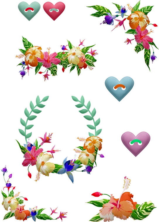 a number of flowers and hearts on a black background, a screenshot, inspired by Luigi Kasimir, super detail of each object, has a laurel wreath, tropical, [ [ soft ] ]