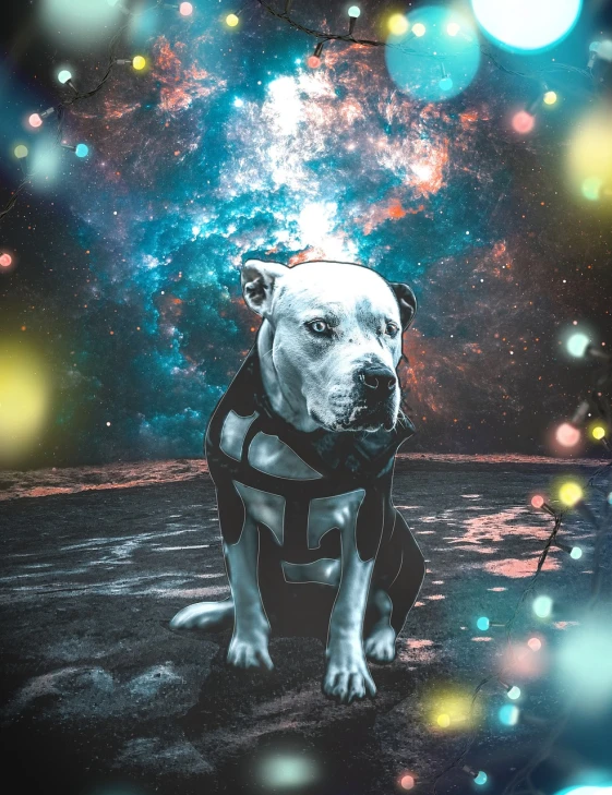a dog that is sitting in the dirt, a colorized photo, space art, cyborg - pitbull, background is made of stars, badass filters and effects, lowres