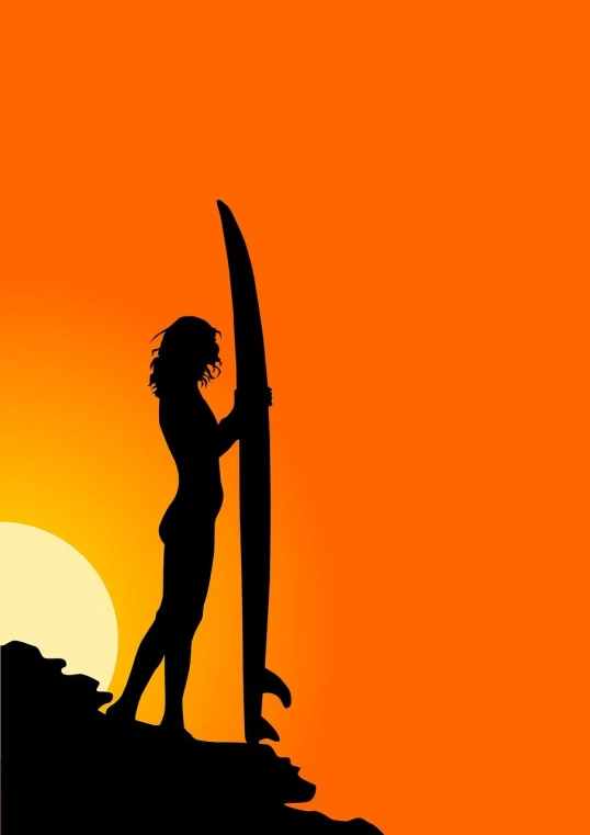 a silhouette of a woman holding a surfboard, an illustration of, figuration libre, orange backgorund, beautiful girl on the horizon, computer wallpaper, highres