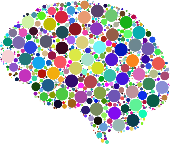 a multicolored image of a human brain, inspired by Milton Glaser, trending on pixabay, generative art, many floating spheres, speech bubbles, black, dot art