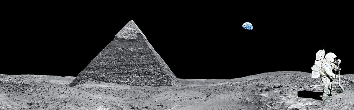 an astronaut standing on the moon next to a pyramid, egyptian art, by Peter Scott, flickr, space art, panoramic photography, black and whitehighly detailed, ffffound, sitting down