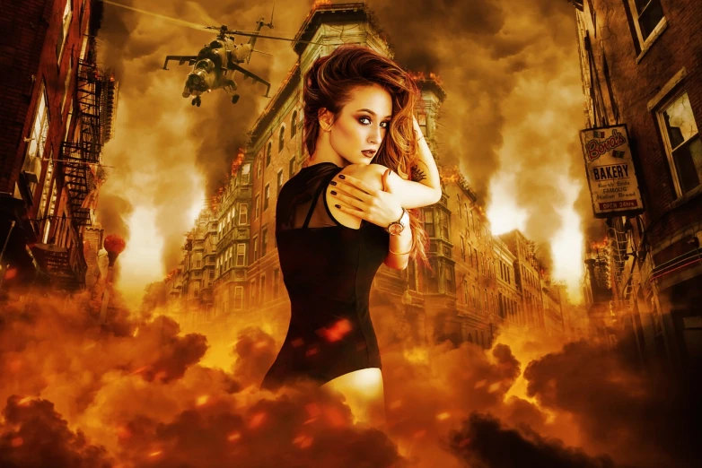 a woman in a black dress holding a gun, by Hristofor Zhefarovich, pixabay contest winner, digital art, destroyed city on fire, propaganda style, high quality fantasy stock photo, bombs are falling from the sky