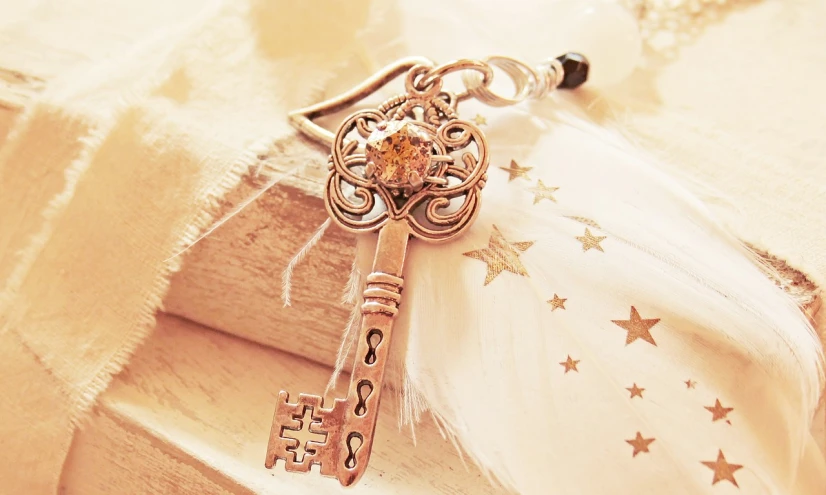 a silver key sitting on top of a stack of books, by Marie Angel, tumblr, arabesque, amber jewels, ancient fairy dust, swarovski, 3 4 5 3 1