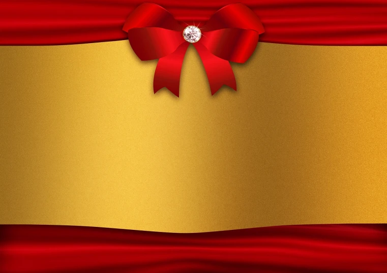 a red and gold background with a bow and diamond, a digital rendering, folds of fabric, card back template, half body photo, iphone photo