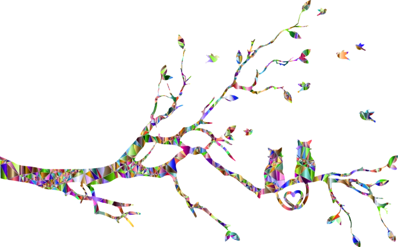 a bird sitting on top of a tree branch, a digital rendering, by Murakami, generative art, cat silhouette, colorful mosaic, path traced, zoomed out to show entire image
